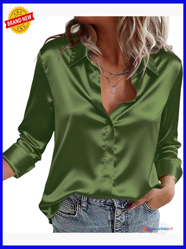 Silky Satin Button Down Long Sleeve Blouse Business Work Tunic Top